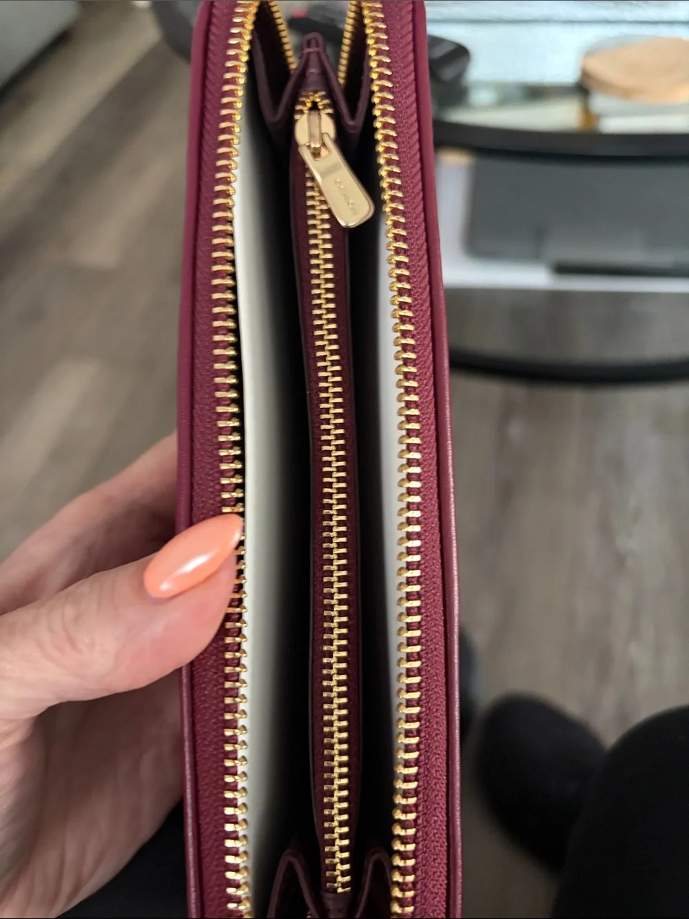 Coach Wine Signature Zip Wallet with Gold Hardware